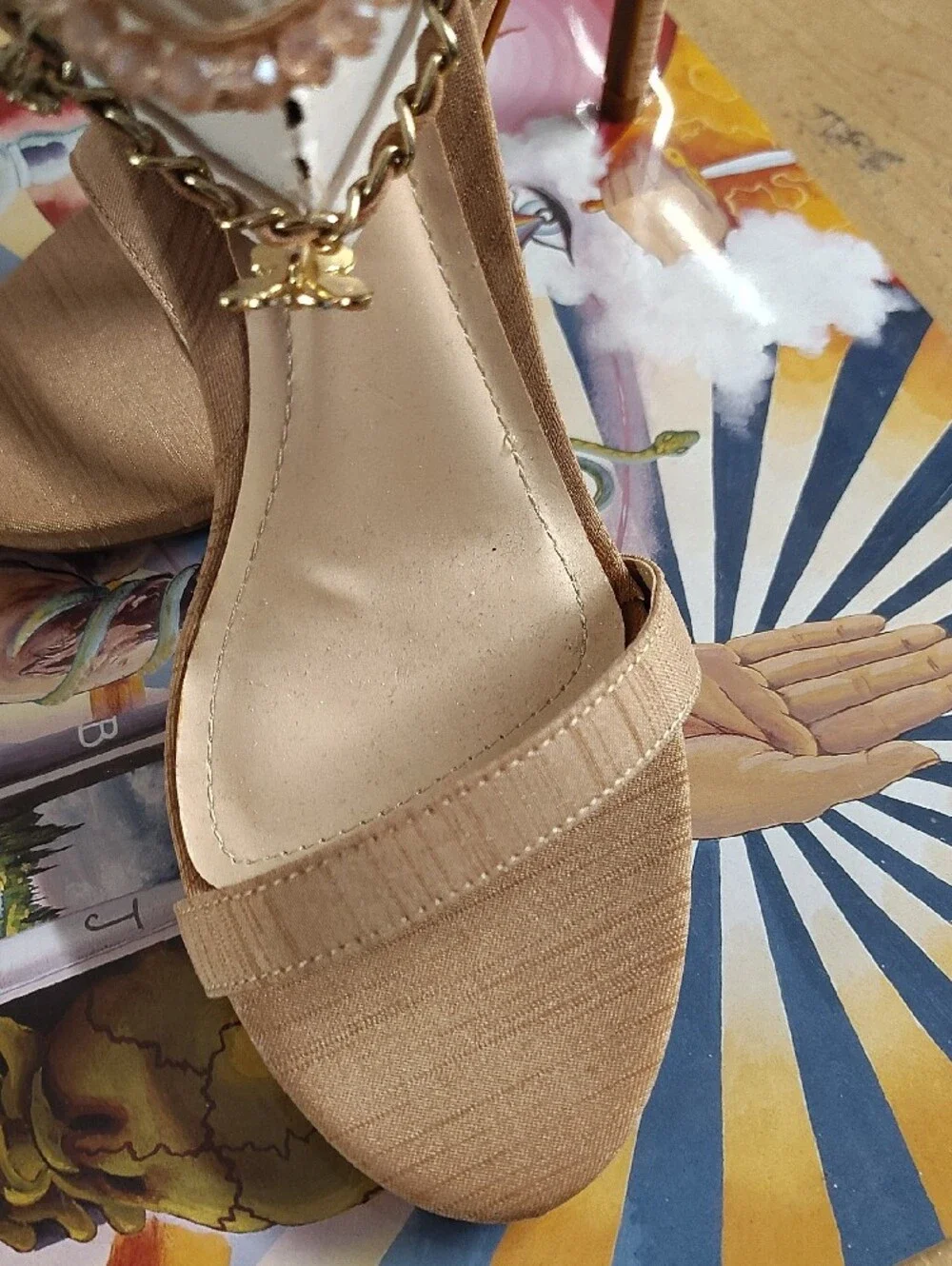 Anne Michelle Nude Heeled Sandals with Gold Chain & Crystal Trim